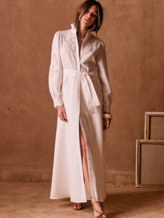 Sezane Dresses & Skirts - Sezane Cream Embroidered Linen Dress - Belted Shirt Dress
